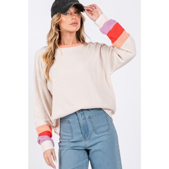 SAGE + FIG Color Block Raglan Sleeves Crew Neckline Waffle Knit T-Shirt | Sand - Picture 6 of 6